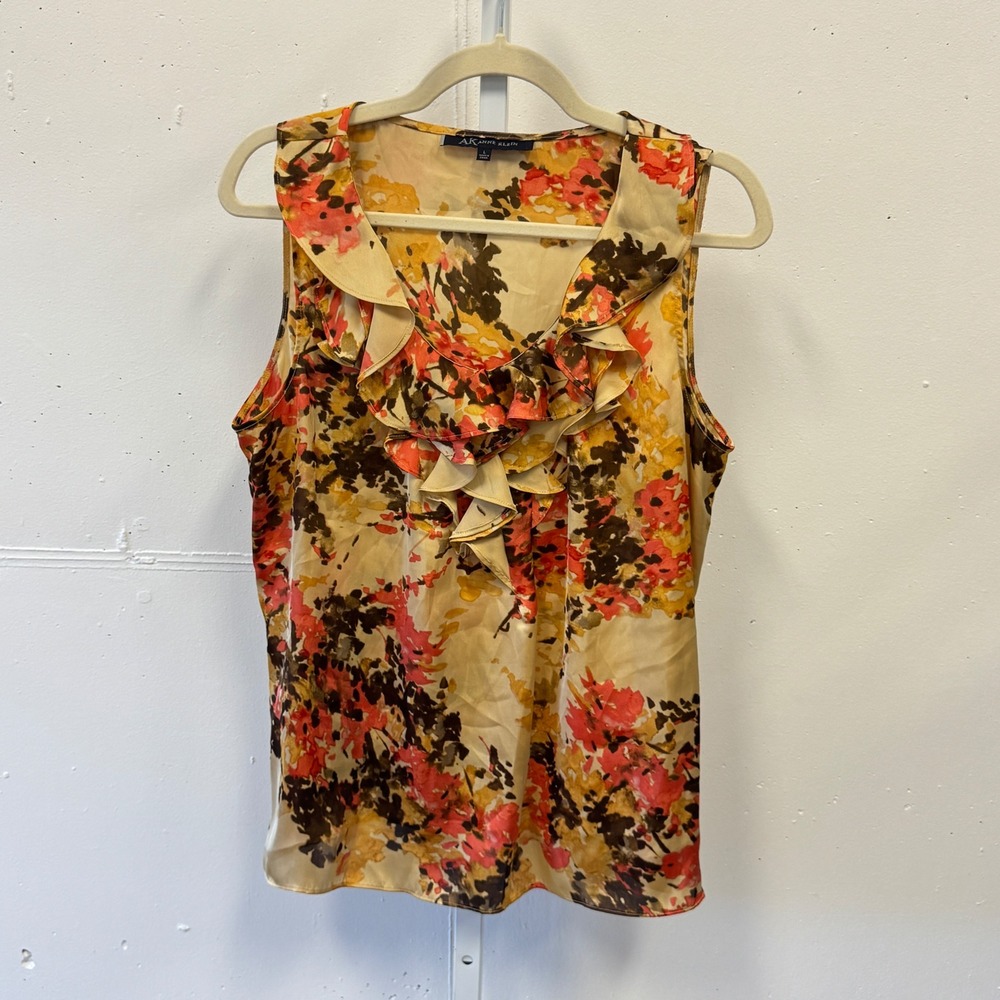 Y2K Anne Klein Floral Ruffle V-Neck Sleeveless Blouse Orange Yellow Womens Large